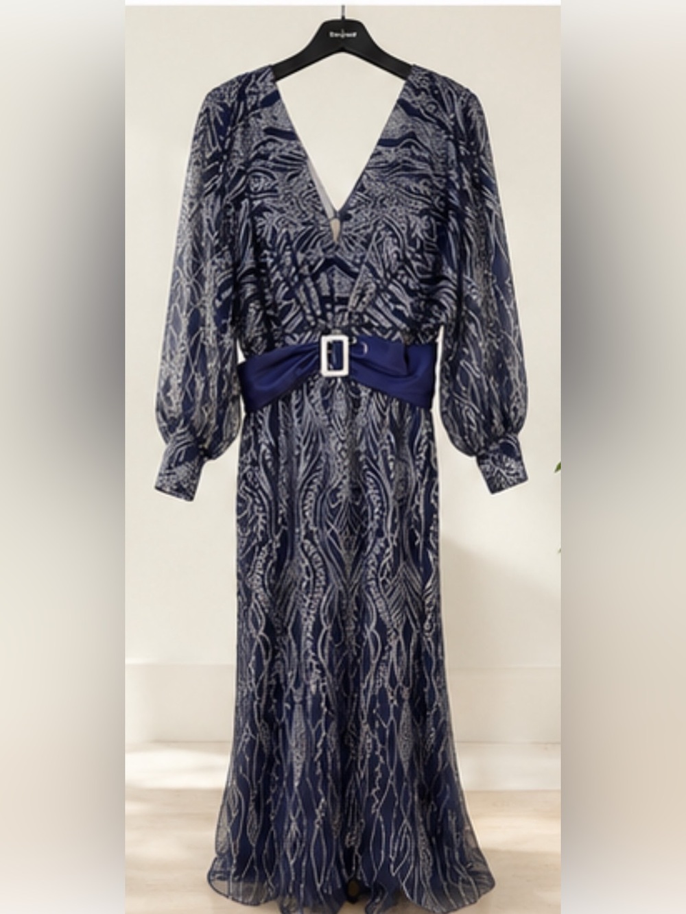 Navy Patterned Belted Midi Dress